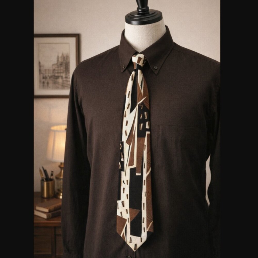 Vintage 90s Italian Silk Necktie Quiet Luxury Abstract Statement Brown Cream USA